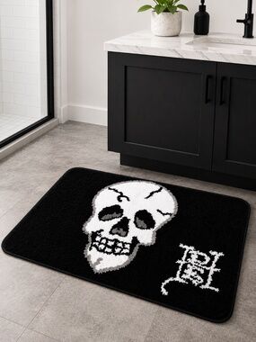 Ed Hardy Skull Bath Rug Black White Soft Plush Bathroom Mat 20x32 Gothic Y2K